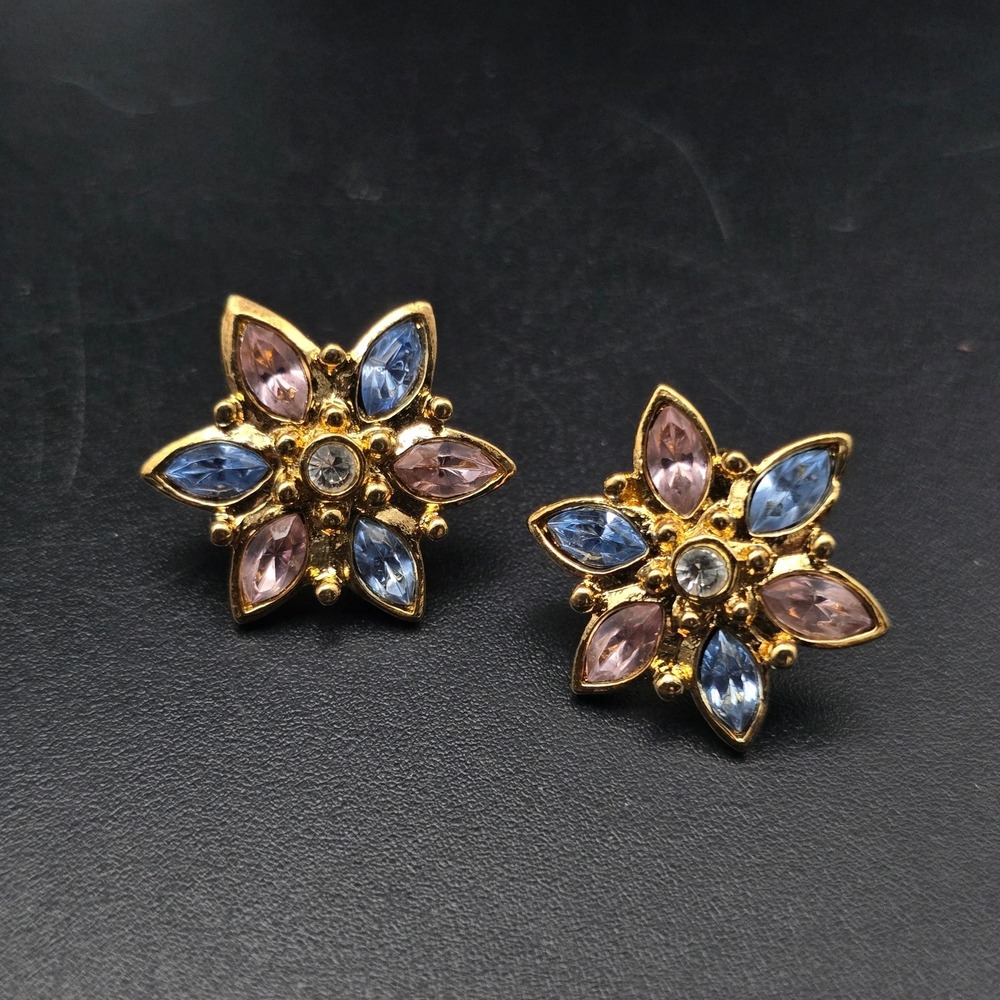 Avon Pink Blue Rhinestone Flower Earrings Pierced Post Vintage Jewelry